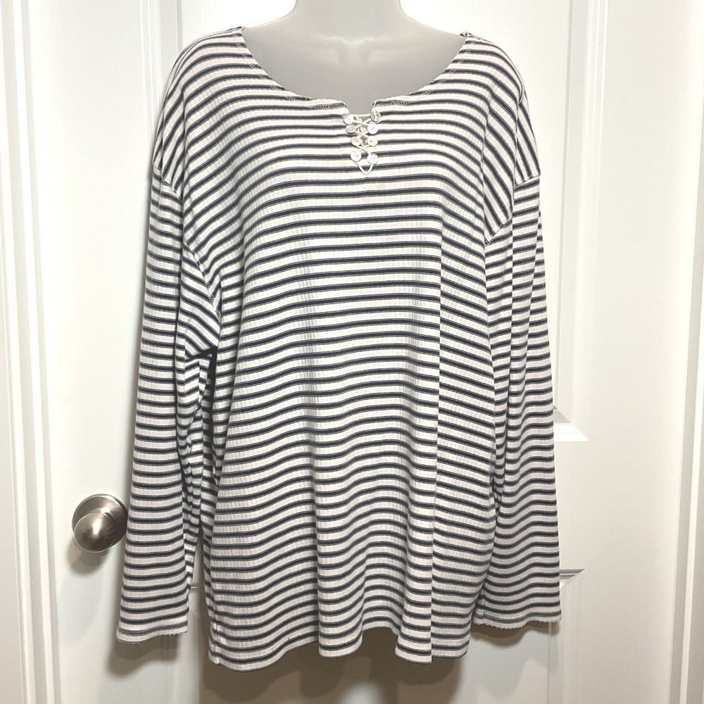 Portraits by Northern Isles Womens 3X Striped‎ Henley Long Sleeve Cotton Shirt